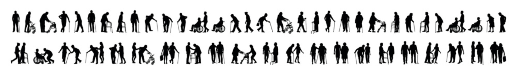 Group of elderly people with walking aids in different poses vector silhouette set collection.