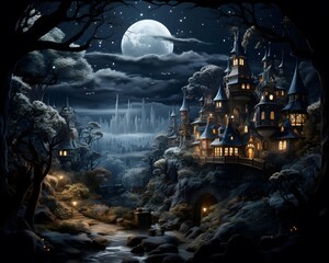 Halloween background with haunted castle and full moon. 3D rendering