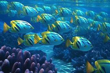 Obraz na płótnie Canvas Tropische Fische und Korallen im sonnigen Meer - KI generiert