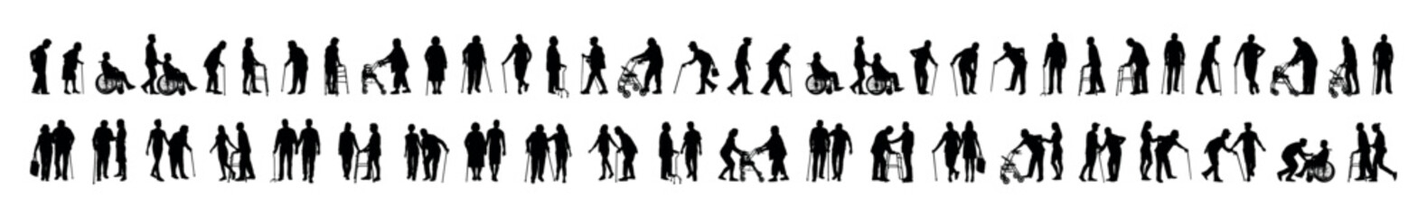Group of elderly people with walking aids in various poses vector silhouettes set. Caregiver nurse helping senior people walking using walking aid silhouette set collection.	