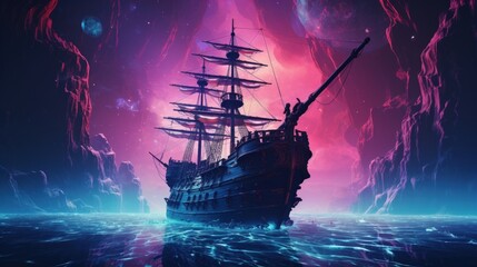 Mystical Voyage: A Galleon Sailing Through Cosmic Seas Under a Neon Sky