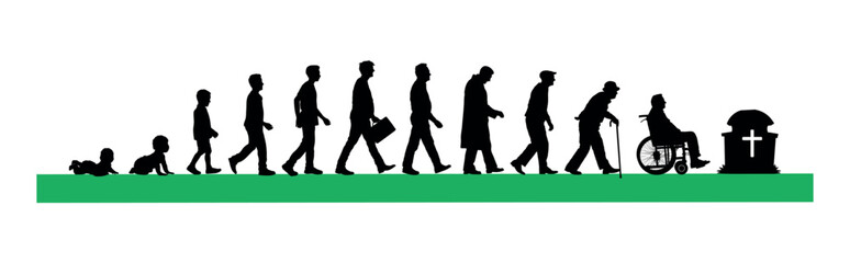 Life cycles of man from a little baby to senior man vector silhouette. Life cycle of a man growing from birth to death stages silhouette infographic.