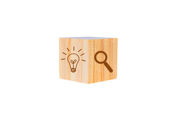 wooden blocks with thinking and search icon. Concept for creative and design solution. isolated on white background. PNG