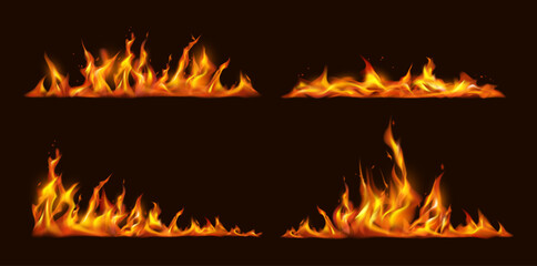 Tongue of flames and fire in line. Vector realistic bursts and blazing, isolated flare and burning sparks. Ignition or combustion effect, bonfire or catastrophe flashes and explosion