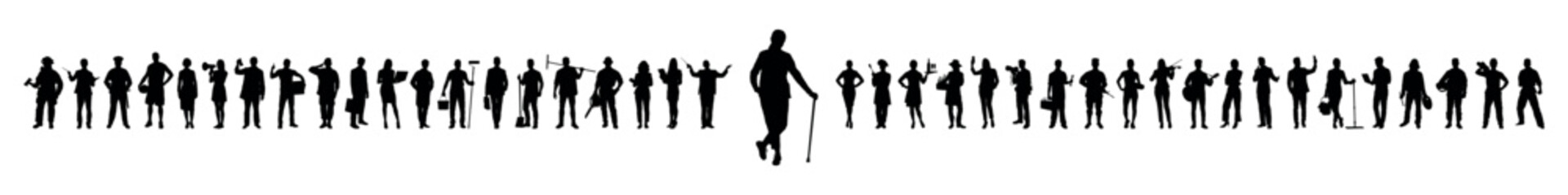 Old lady with walking stick standing in front of group people with various jobs or occupations vector silhouettes set. - obrazy, fototapety, plakaty