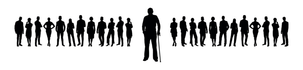 Pensioner old man standing in front of large group of business people silhouette. - obrazy, fototapety, plakaty