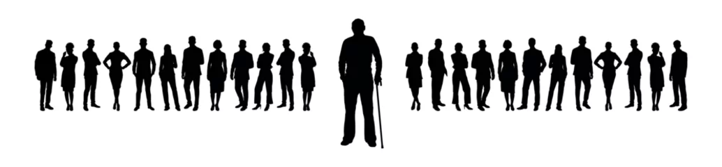Foto op Plexiglas Pensioner old man standing in front of large group of business people silhouette. © Andreas