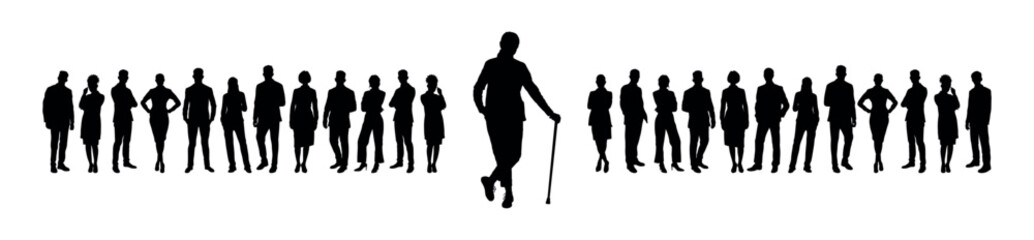 Pensioner woman with walking cane standing in front of group of business people vector silhouette. - obrazy, fototapety, plakaty