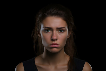 Fototapeta premium Sad young adult Caucasian woman on black background. Neural network generated image. Not based on any actual person or scene.