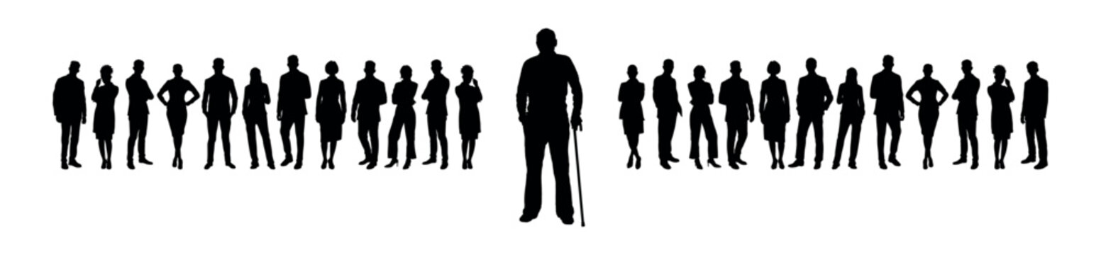 Pensioner old man standing in front of large group of business people silhouette.