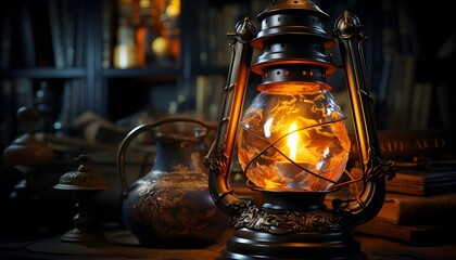 Kerosene lamp on the table in a dark room. High quality photo - obrazy, fototapety, plakaty