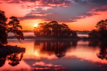 A mesmerizing sunrise over a serene lake, with the sky painted in w