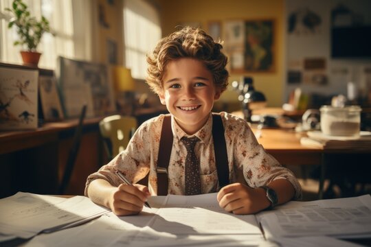 Close-up of handsome Caucasian elementary schoolboy wearing uniform sitting at desk in a cozy classroom. Happy smiling kid writing with a pen in notebook. Childhood, education and school concept.