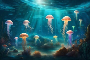 Fototapeta na wymiar A surreal, underwater world with bioluminescent jellyfish and otherworldly sea creatures in a mesmerizing, illuminated seascape. --