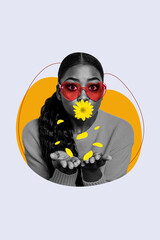 Vertical collage picture of black white colors girl mouth daisy flower blow flying petals isolated on violet background