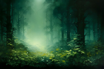 Emerald Forest Serenade, Tree, Mysterious Green Atmosphare, abstract landscape art, drawing, generative ai