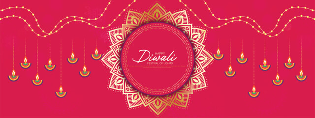 Fototapeta na wymiar Happy Diwali - festival of lights colorful banner template design with decorative diya lamp.