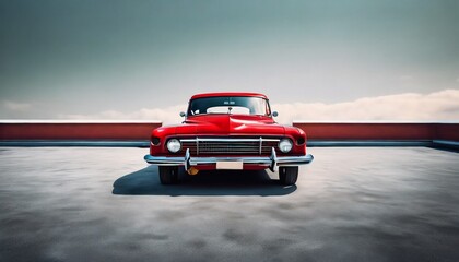 red classic car facing the camera, minimalist, deadpan, banal, cool, clinical, urban, iconic, conceptual, subversive, sparse, restrained, symbol