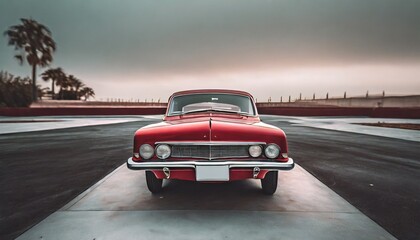 red classic car facing the camera, minimalist, deadpan, banal, cool, clinical, urban, iconic, conceptual, subversive, sparse, restrained, symbol - obrazy, fototapety, plakaty