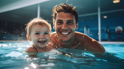 Portrait of happy father and son playing together in swimming pool. Spending quality time, lifestyle, family, summertime and vacation concept.