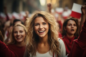 Obraz premium Young cheerful girl against the backdrop of crowd of young people marching along city street under red and white flags. Poland Independence Day. Patriotic concept with national state symbol.