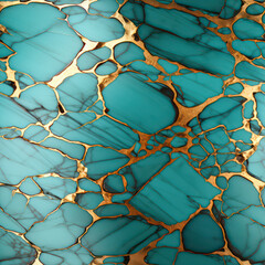 Seamless cracked turquoise and gold texture background, ai design pattern