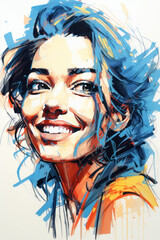 dessin au feutre aquarelle d'une jeune femme souriante, dominante orange et bleu