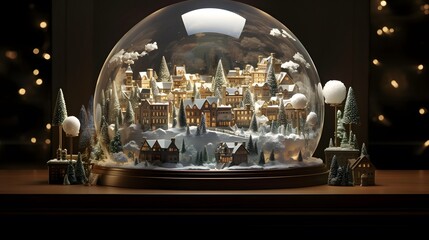 Snow globe with houses and trees. Christmas and New Year decoration.