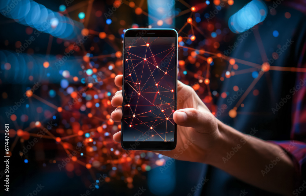 Wall mural hand holding smartphone with abstract network connection on dark background