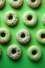 minimalistic light green background with donuts, top view with empty copy space