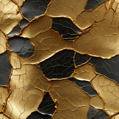 Seamless abstract cracked gold and black texture background, ai design