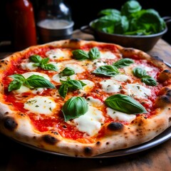 Neapolitan homemade pizza margarita from the brick oven. Napoleon Italian Pizza with fresh mozzarella and basil leaves. true Italian Traditional Pizza Margherita. Made with generative ai. 
