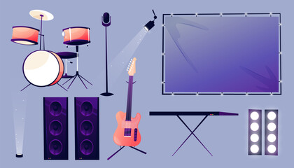 Lights and loudspeakers, musical instruments for stage live concert. Vector isolated drums kit and microphone, guitar and piano keyboard, whiteboard for image and video show effects - obrazy, fototapety, plakaty