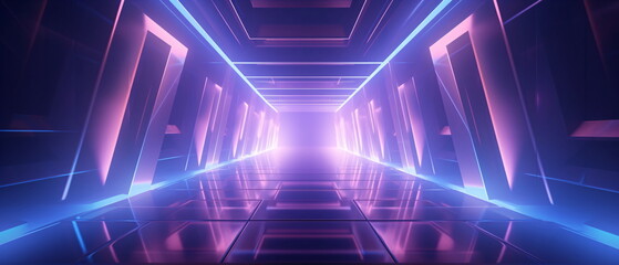 Fototapeta premium Neon corridor with lines glowing in ultraviolet light and purple neon scene . Neon geometric background with shapes with copy space for poster, website, brochure, banner, app. Generative ai