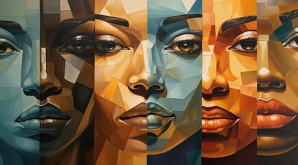 faces, geometric, abstract, portrait, mosaic, art, multifaceted, diversity, colorful, women, painting, contemporary, modern art, canvas, polyptych, expression, beauty