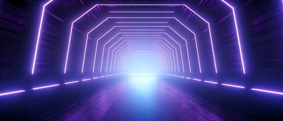 Neon corridor with lines glowing in ultraviolet light and purple neon scene . Neon geometric background with shapes with copy space for poster, website, brochure, banner, app. Generative ai