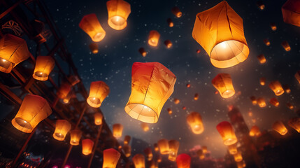 Chinese paper lanterns in the night sky