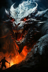 Close up of dragon with red eyes on dark background. - obrazy, fototapety, plakaty