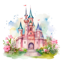 Obraz premium Cute watercolor princess castle Illustration, Generative Ai