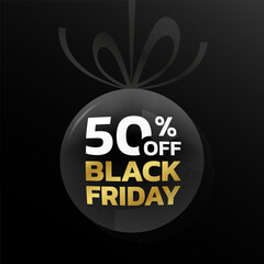Fototapeta na wymiar 50% off. Black Friday sale tag, label or badge with ribbon bow. 50 percent price off 3d discount ball design. Promotion, marketing background or banner template. Vector illustration.
