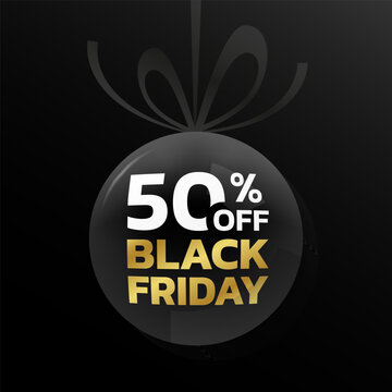 50% off. Black Friday sale tag, label or badge with ribbon bow. 50 percent price off 3d discount ball design. Promotion, marketing background or banner template. Vector illustration.