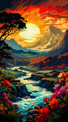 Image of river with mountains in the background and flowers in the foreground.