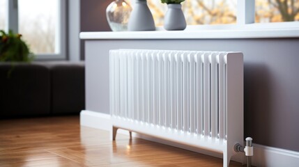 Efficient white radiator for heating in the apartment. - obrazy, fototapety, plakaty