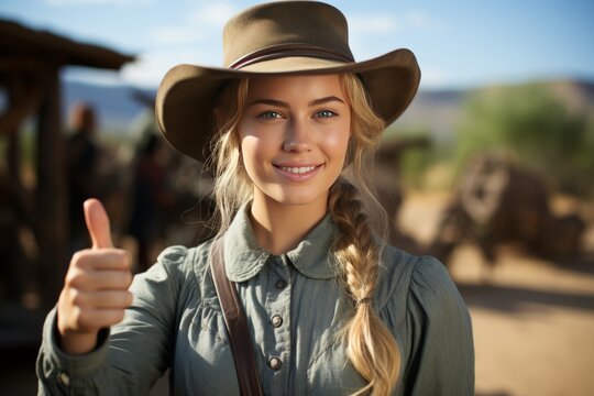 Portrait of young beautiful woman in cowboy clothes and hat against the background of wild west rancho. Blonde Caucasian girl smiling confidently and gives a thumbs up. Real courageous cowgirl.