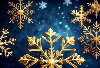 Blue sparkling Christmas and winter background with golden snowflakes,