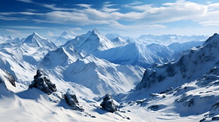Winter mountains panorama with snow and clear blue sky. 3d illustration