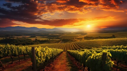 Fototapeta premium vineyard scenic sunset sun landscape illustration wine field, agriculture nature, green growing vineyard scenic sunset sun landscape