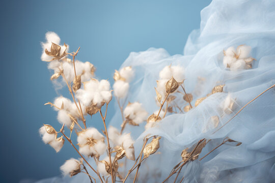 golden cotton branch with a white organza fabric
