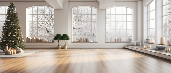 Modern big yoga studio interior with big windows, decorated with