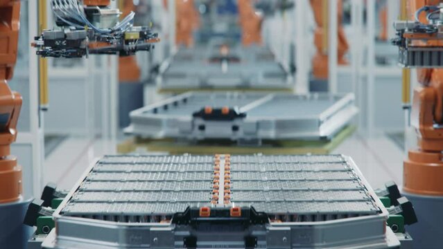 Close-up of Automated Production Line with Orange Robotic Arms. Time-lapse of EV Battery Pack for Automotive Industry Assembly. Electric Car Smart Factory. Manufacturing Line Equipped with Robot Arms